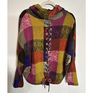 Ariella Sweater Multicolor Check~Lace Up Back~Cowl Neck Artsy Colorful Medium